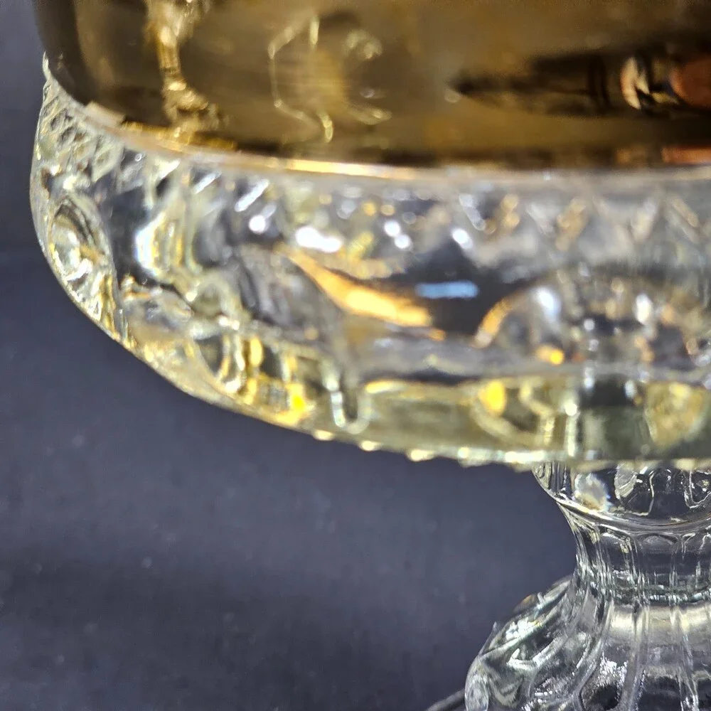Vtg Midcentury Indiana Glass Compote Candy Dish Kings Crown Thumbprint Gold Rim